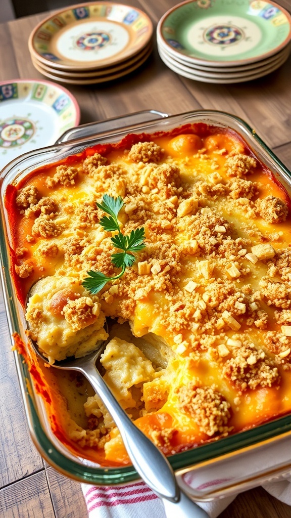 A delicious casserole in a 9x13 dish, topped with cheese and breadcrumbs, ready to be served.